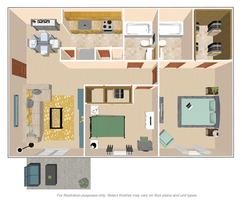 Floor plan for 2 beds, 2 baths, 950 sqft